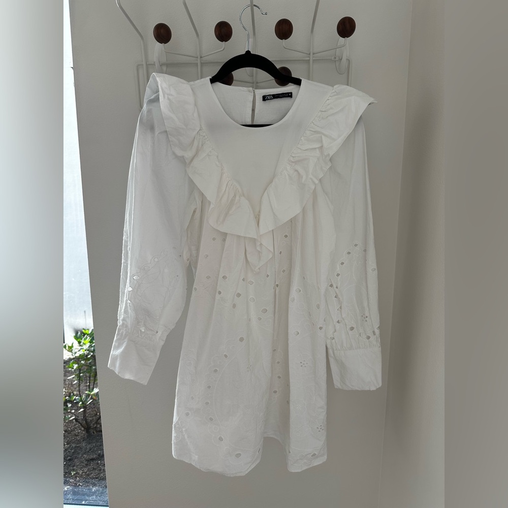 Zara White Ruffled Embroidered Dress